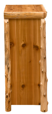 Side view of the Redcloud Peak Cedar Log Four Drawer Chest showing the cedar side panel between log posts