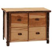Angled view of the Revenue Mountain Hickory Log Four Drawer File Cabinet