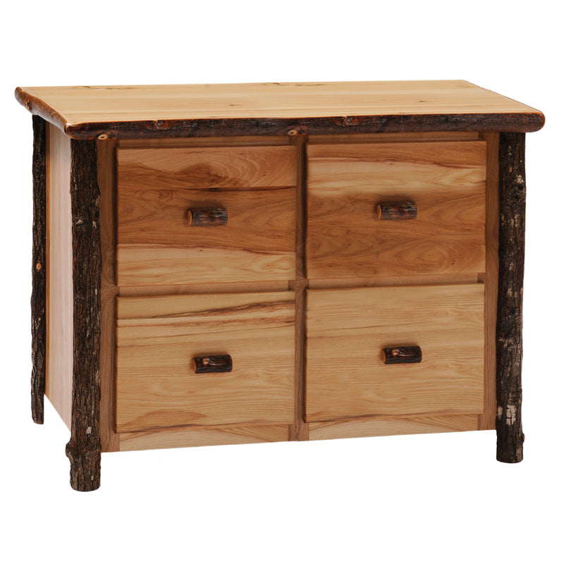 Angled view of the Revenue Mountain Hickory Log Four Drawer File Cabinet