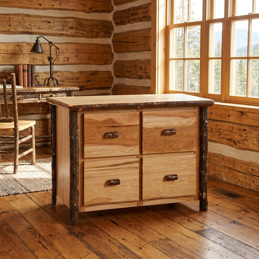 Revenue Mountain Hickory Log Four Drawer File Cabinet staged in a sunlit log cabin home office