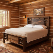Solid wood log cabin bed in a rustic cabin bedroom