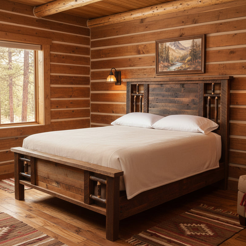 Solid wood log cabin bed in a rustic cabin bedroom