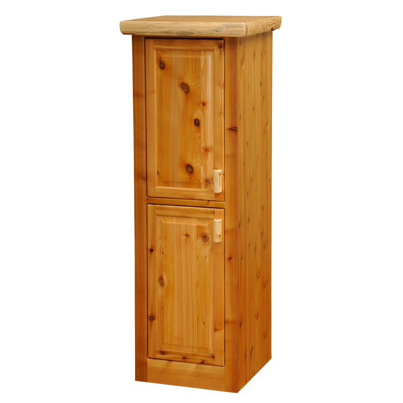 Angled view of the Rinker Peak Cedar Log Linen Cabinet