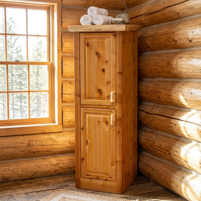 Rinker Peak Cedar Log Linen Cabinet staged in a sunlit log cabin bathroom