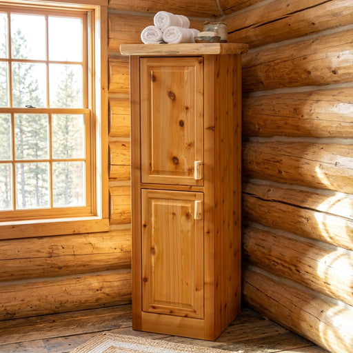 Rinker Peak Cedar Log Linen Cabinet staged in a sunlit log cabin bathroom