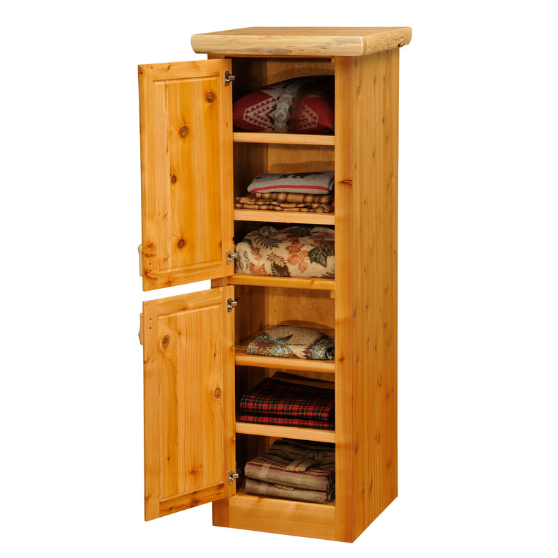 Rinker Peak Cedar Log Linen Cabinet with the doors open