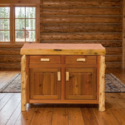 Rio Grande Pyramid Cedar Log Two Door Buffet staged in a sunlit log cabin dining room