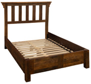 Angled view of the Rito Alto Peak Reclaimed Barnwood Post Bed with Rail System