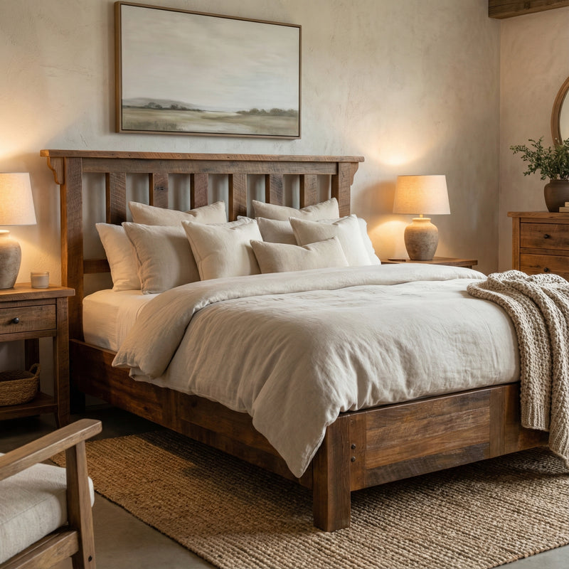 Rito Alto Peak Reclaimed Barnwood Post Bed with Rail System with layered bedding in a cozy bedroom