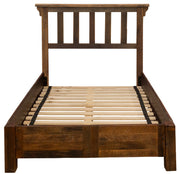Front view of the Rito Alto Peak Reclaimed Barnwood Post Bed with Rail System