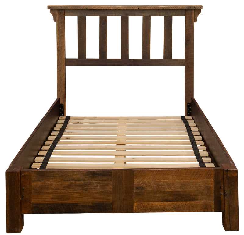 Front view of the Rito Alto Peak Reclaimed Barnwood Post Bed with Rail System