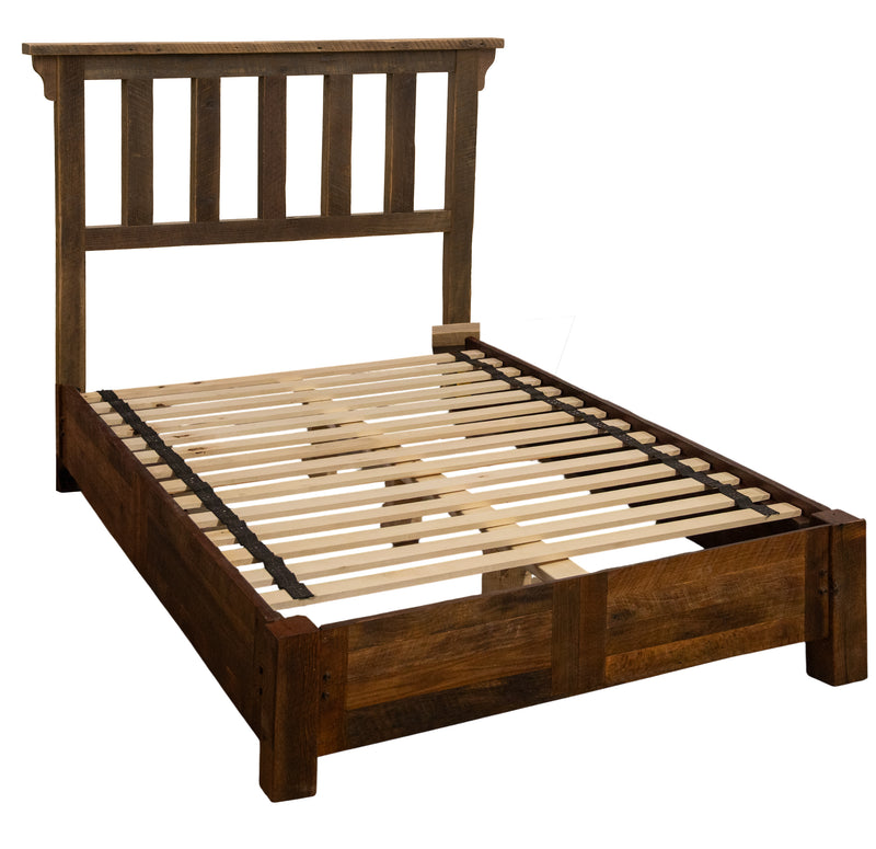 Second angled view of the Rito Alto Peak Reclaimed Barnwood Post Bed with Rail System showing the rail system and slats