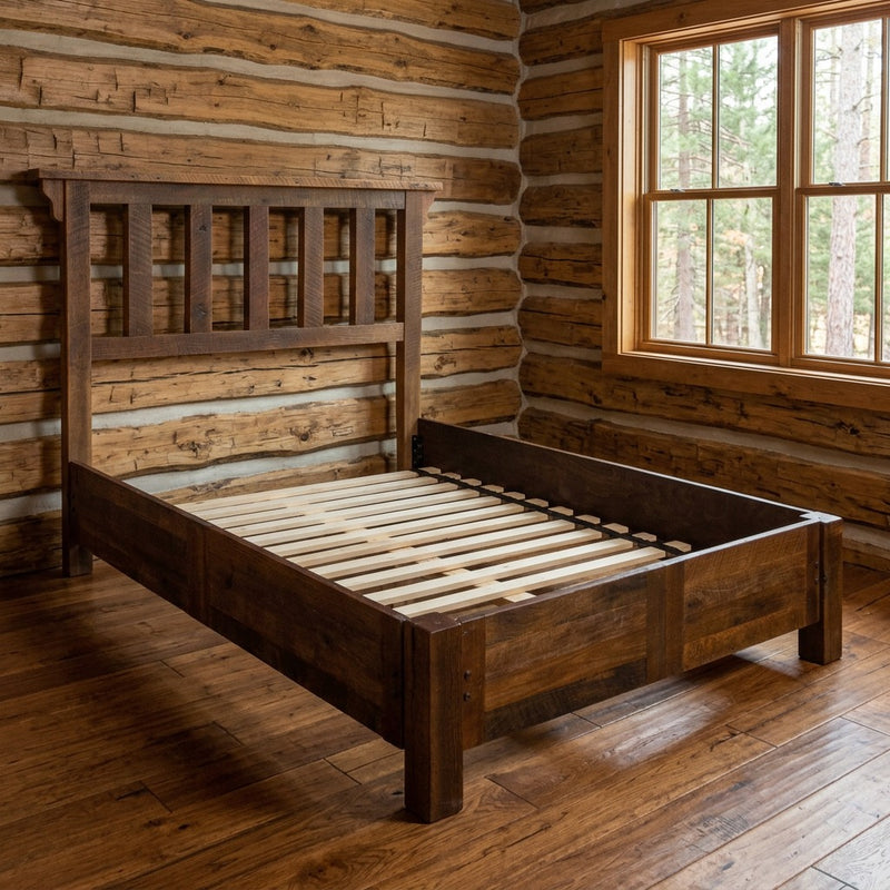 Rito Alto Peak Reclaimed Barnwood Post Bed with Rail System staged in a sunlit log cabin bedroom