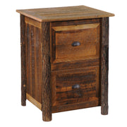 Angled view of the Robeson Peak Barnwood and Hickory Two Drawer File Cabinet