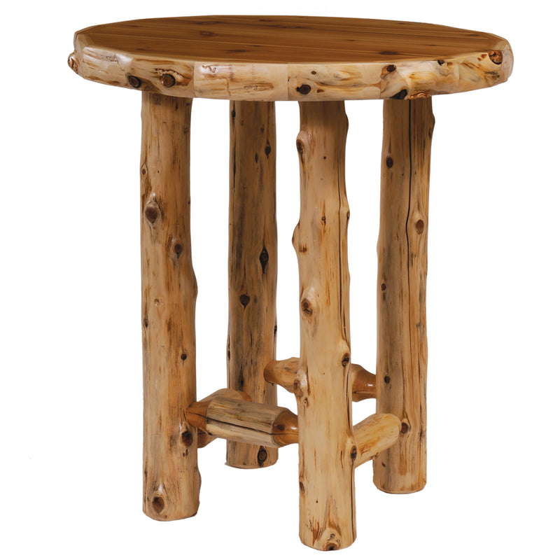 Angled view of the Rogers Pass Cedar Log Round Pub Table showing the log base