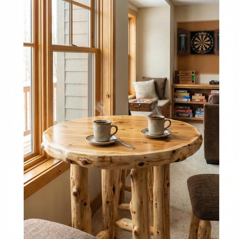 Rogers Pass Cedar Log Round Pub Table in Natural with a standard finish