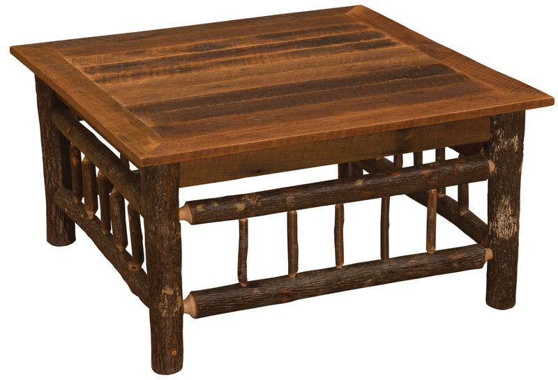 Angled view of the Rogers Peak Barnwood and Hickory Square Coffee Table showing the barnwood top and hickory legs