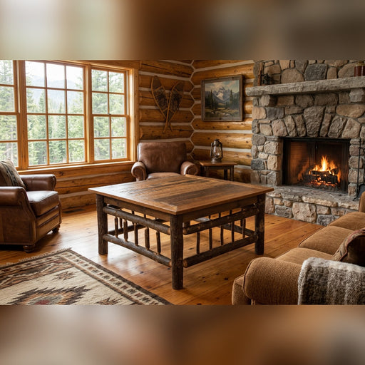 Rogers Peak Barnwood and Hickory Square Coffee Table in a log cabin living room with a stone fireplace