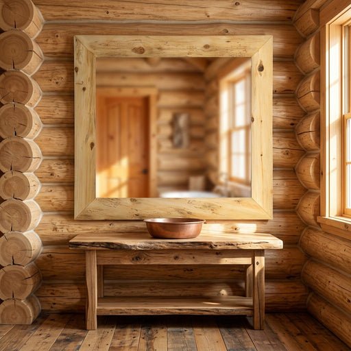 Rolling Mountain Cedar Log Mitered Corner Mirror staged in a sunlit log cabin bathroom