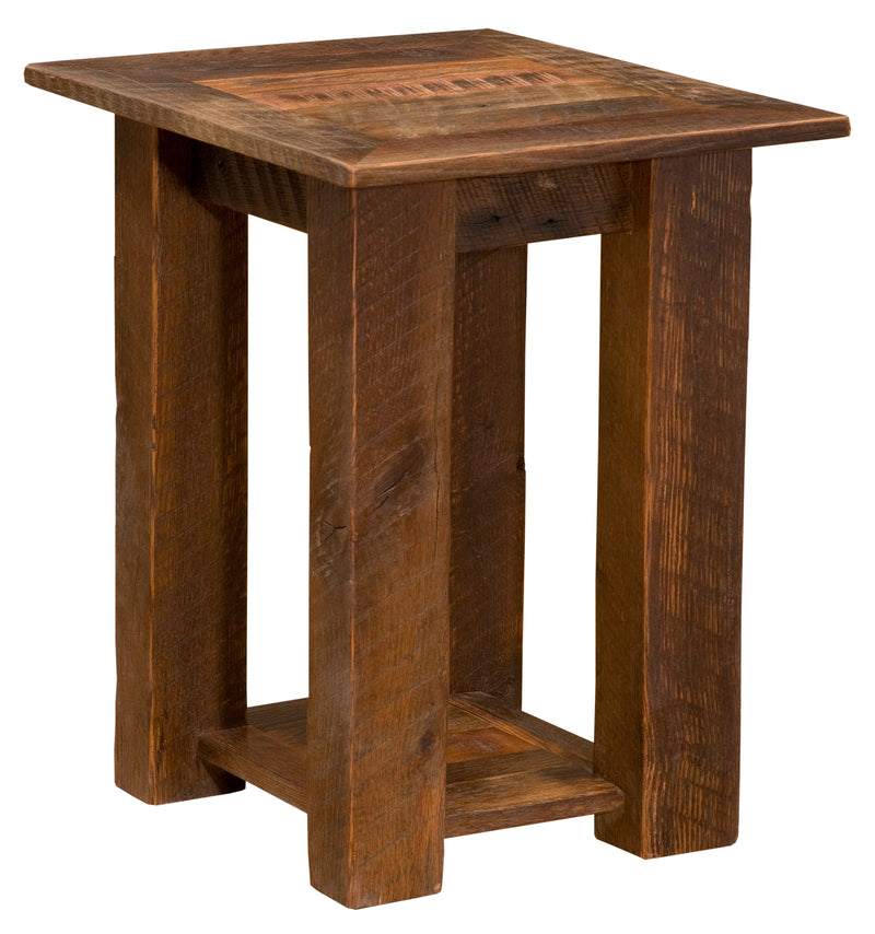 Angled view of the Rosalie Peak Reclaimed Barnwood Open Nightstand showing the plank top and lower shelf