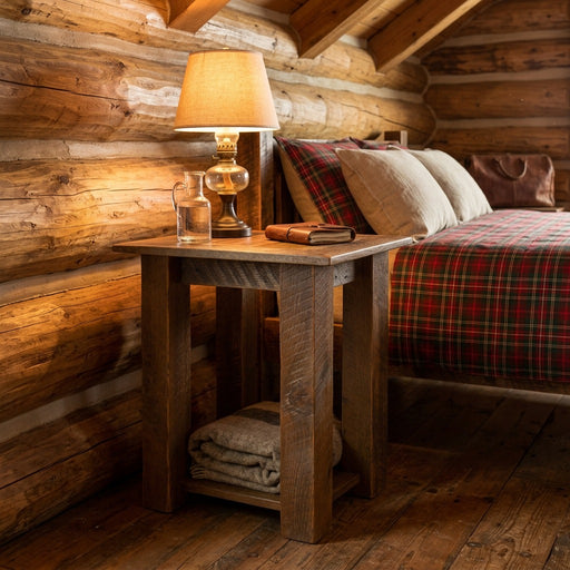 Rosalie Peak Reclaimed Barnwood Open Nightstand with a lamp beside a red quilted bed in a log cabin bedroom