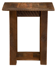 Front view of the Rosalie Peak Reclaimed Barnwood Open Nightstand with an open base and lower shelf