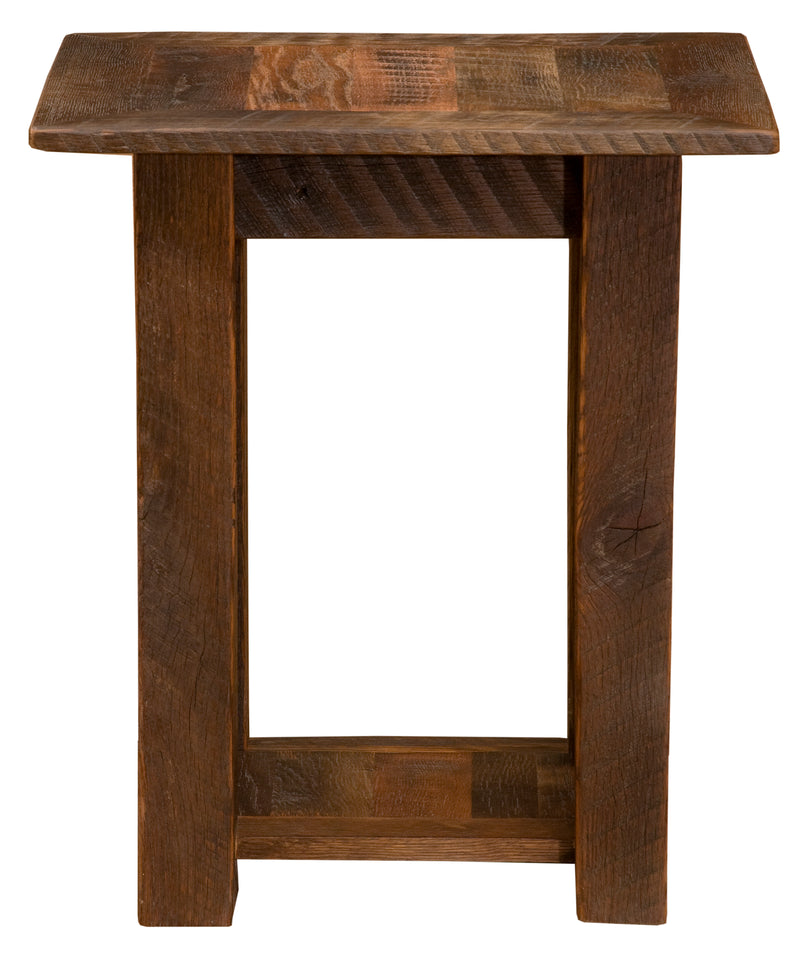 Front view of the Rosalie Peak Reclaimed Barnwood Open Nightstand with an open base and lower shelf