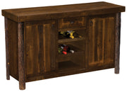 Angled view of the Rosedale Peak Barnwood and Hickory Wine Rack Sideboard showing the wine rack shelves