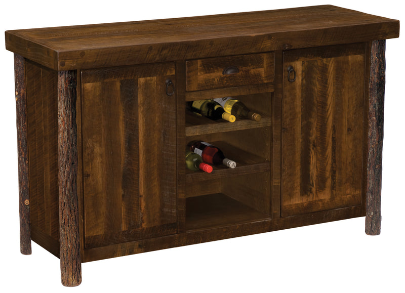 Angled view of the Rosedale Peak Barnwood and Hickory Wine Rack Sideboard showing the wine rack shelves