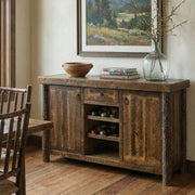Rosedale Peak Barnwood and Hickory Wine Rack Sideboard in a bright cabin dining room