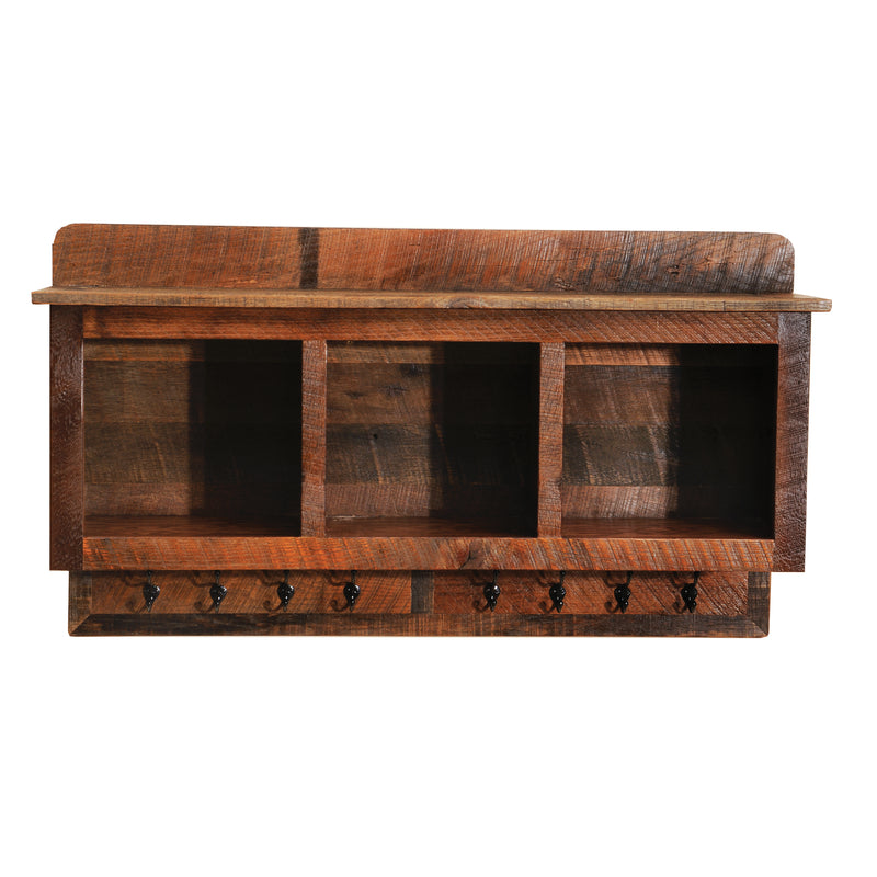 Angled view of the Rowe Mountain Reclaimed Barnwood Hanging Locker Shelf