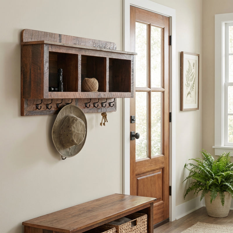 Rowe Mountain Reclaimed Barnwood Hanging Locker Shelf in a farmhouse entryway