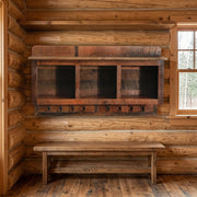 Rowe Mountain Reclaimed Barnwood Hanging Locker Shelf staged in a sunlit log cabin entryway