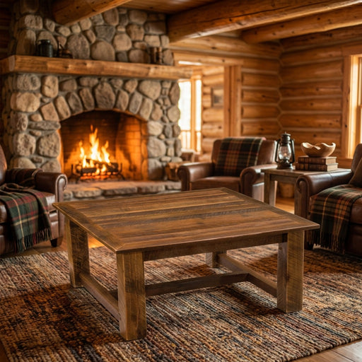 Rowe Peak reclaimed barnwood square coffee table staged before a stone fireplace in a log cabin living room