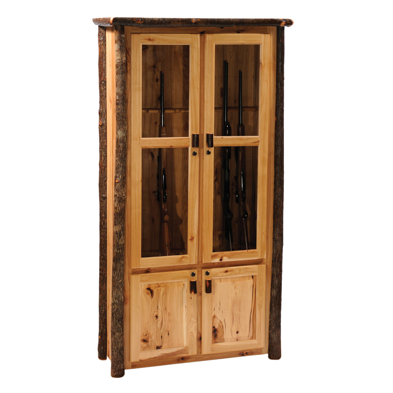 Angled view of the Ruby Mountain Hickory Log Eight Gun Cabinet showing the glass display doors