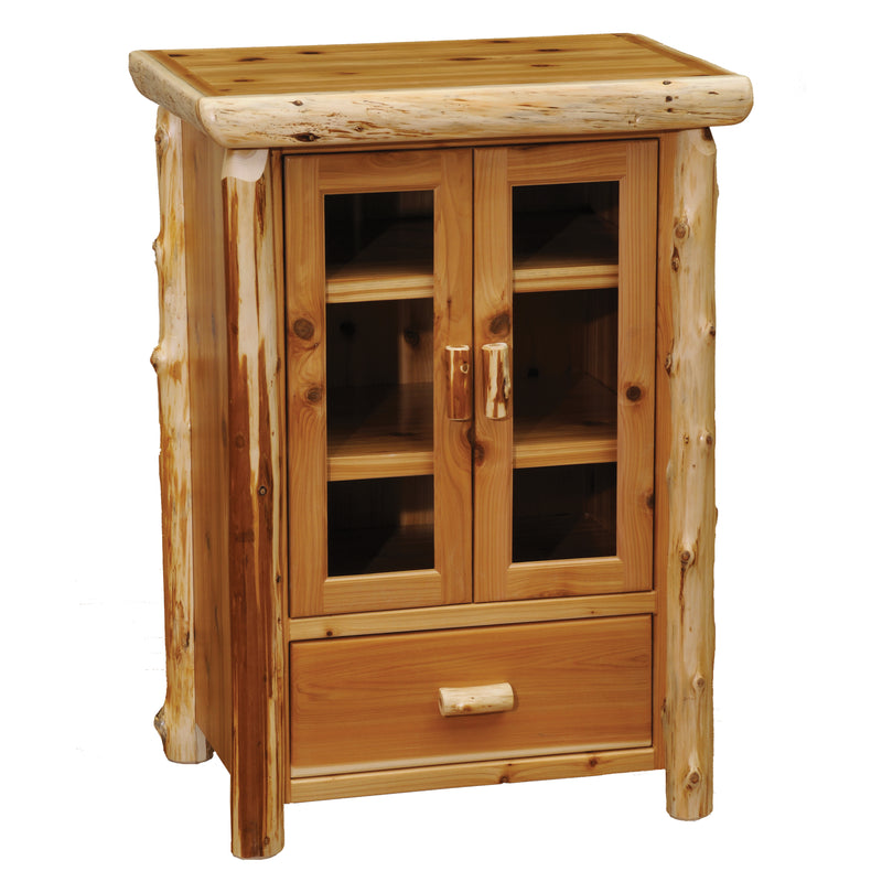 Angled view of the Ruby Peak Cedar Log Media Cabinet
