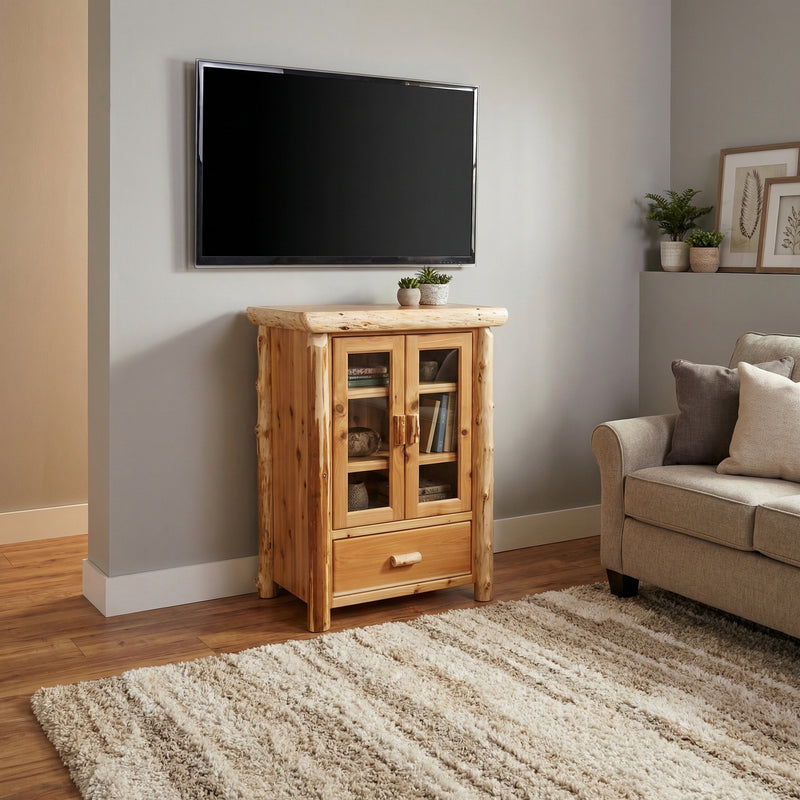 Ruby Peak Cedar Log Media Cabinet in a rustic cabin living room