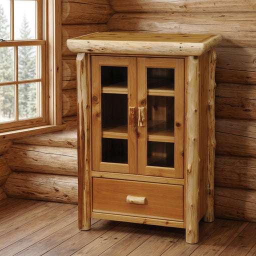 Ruby Peak Cedar Log Media Cabinet staged in a sunlit log cabin living room