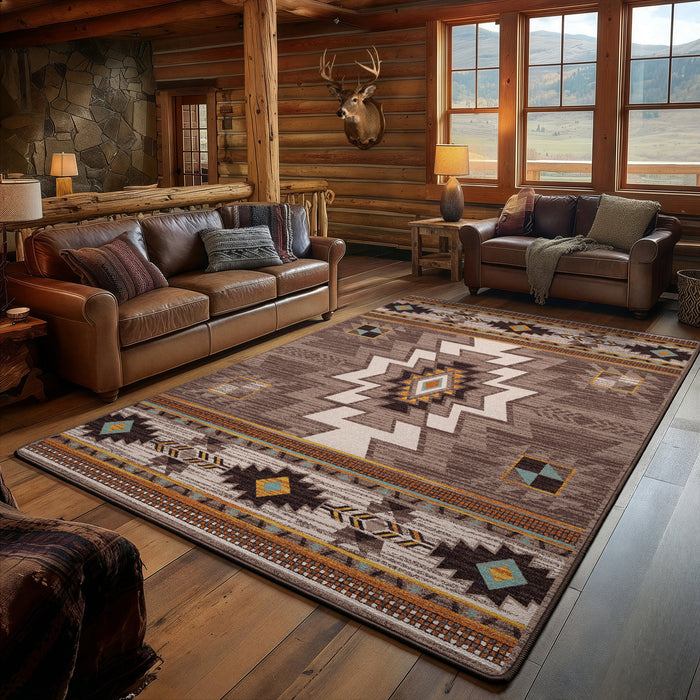 Saddle creek rug room scene in rustic living room
