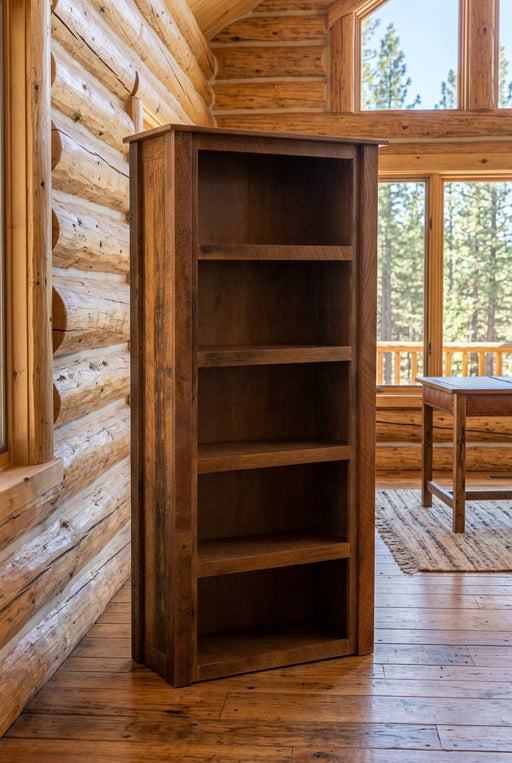 Sand Mountain Reclaimed Barnwood Five Shelf Bookcase staged in a sunlit log cabin home office
