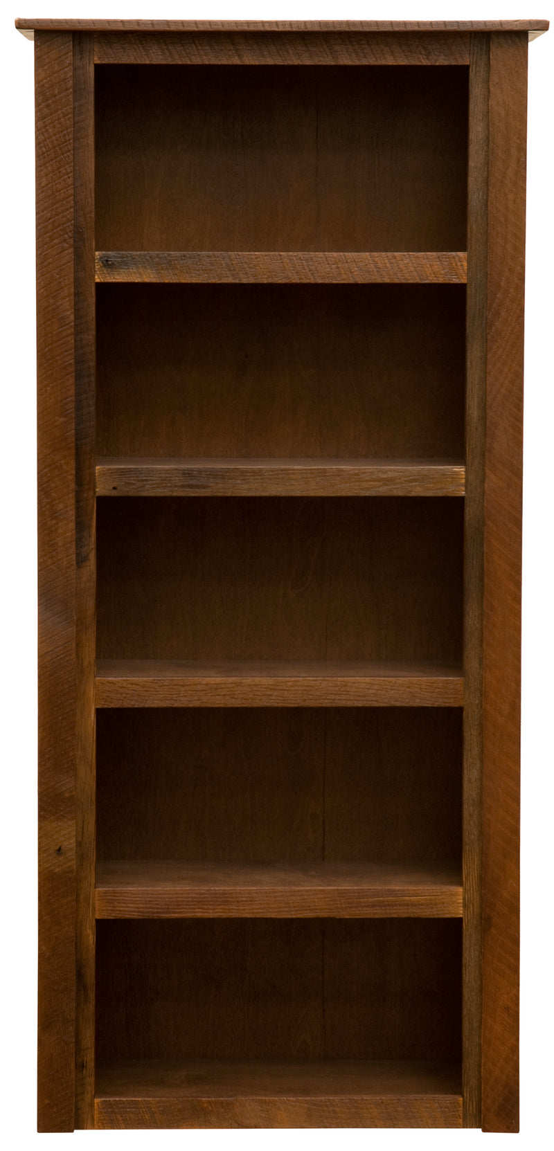 Straight-on view of the Sand Mountain Reclaimed Barnwood Five Shelf Bookcase