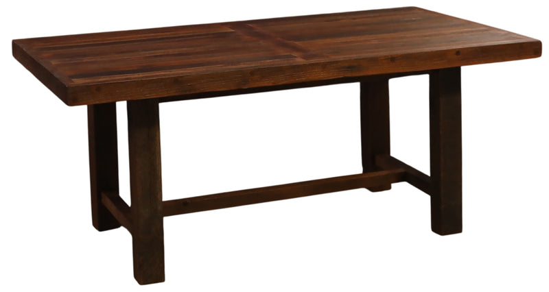 Angled view of the Sawtooth Mountain Reclaimed Barnwood Farmhouse Dining Table with the Artisan Top