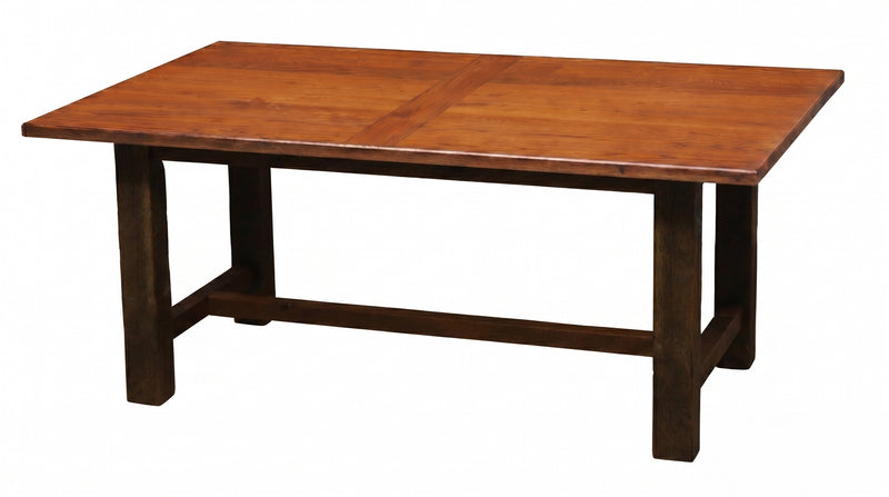 Sawtooth Mountain Reclaimed Barnwood Farmhouse Dining Table with the smooth Antique Oak Top at an angle