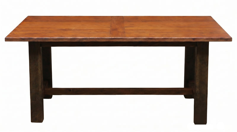 Front view of the Sawtooth Mountain Reclaimed Barnwood Farmhouse Dining Table with the Antique Oak Top
