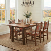 Sawtooth Mountain Reclaimed Barnwood Farmhouse Dining Table with an Antique Oak Top in a farmhouse dining room
