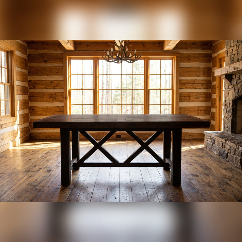 Sawtooth Mountain Reclaimed Barnwood Farmhouse Dining Table staged in a sunlit log cabin dining room