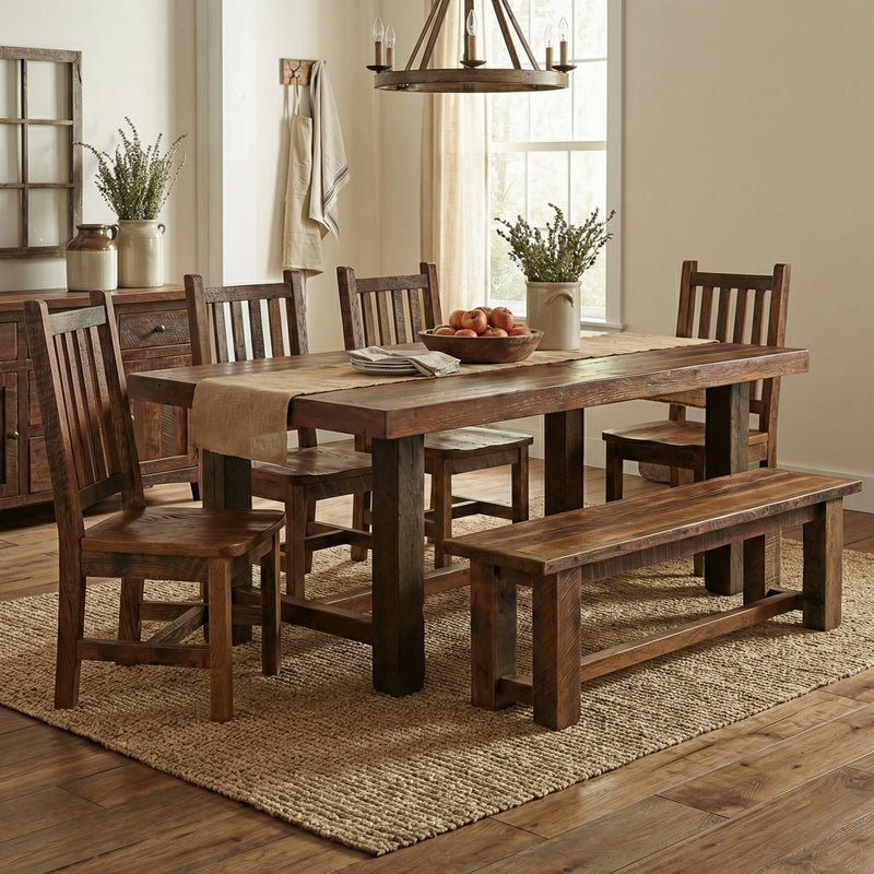 Sawtooth Mountain Reclaimed Barnwood Farmhouse Dining Table with an Artisan Top in a cabin dining room