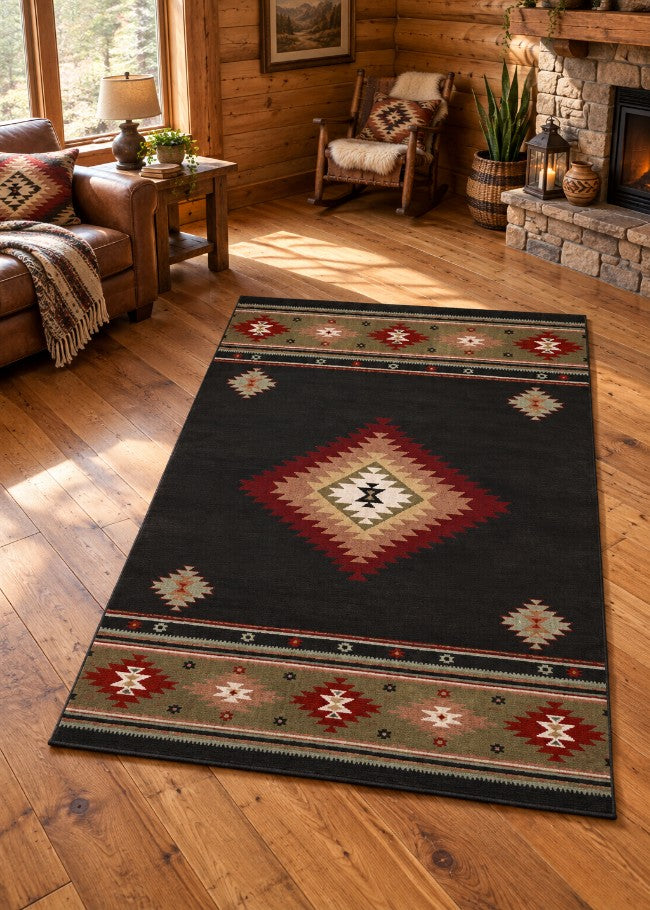 Senora Black Rug Living Room | The Cabin Shack