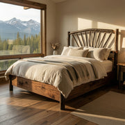 Sharkstooth Peak Hickory Sunburst Bed with Rail System with layered bedding in a cozy bedroom