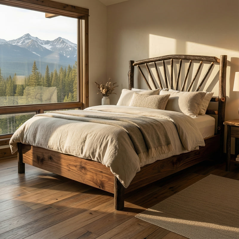 Sharkstooth Peak Hickory Sunburst Bed with Rail System with layered bedding in a cozy bedroom